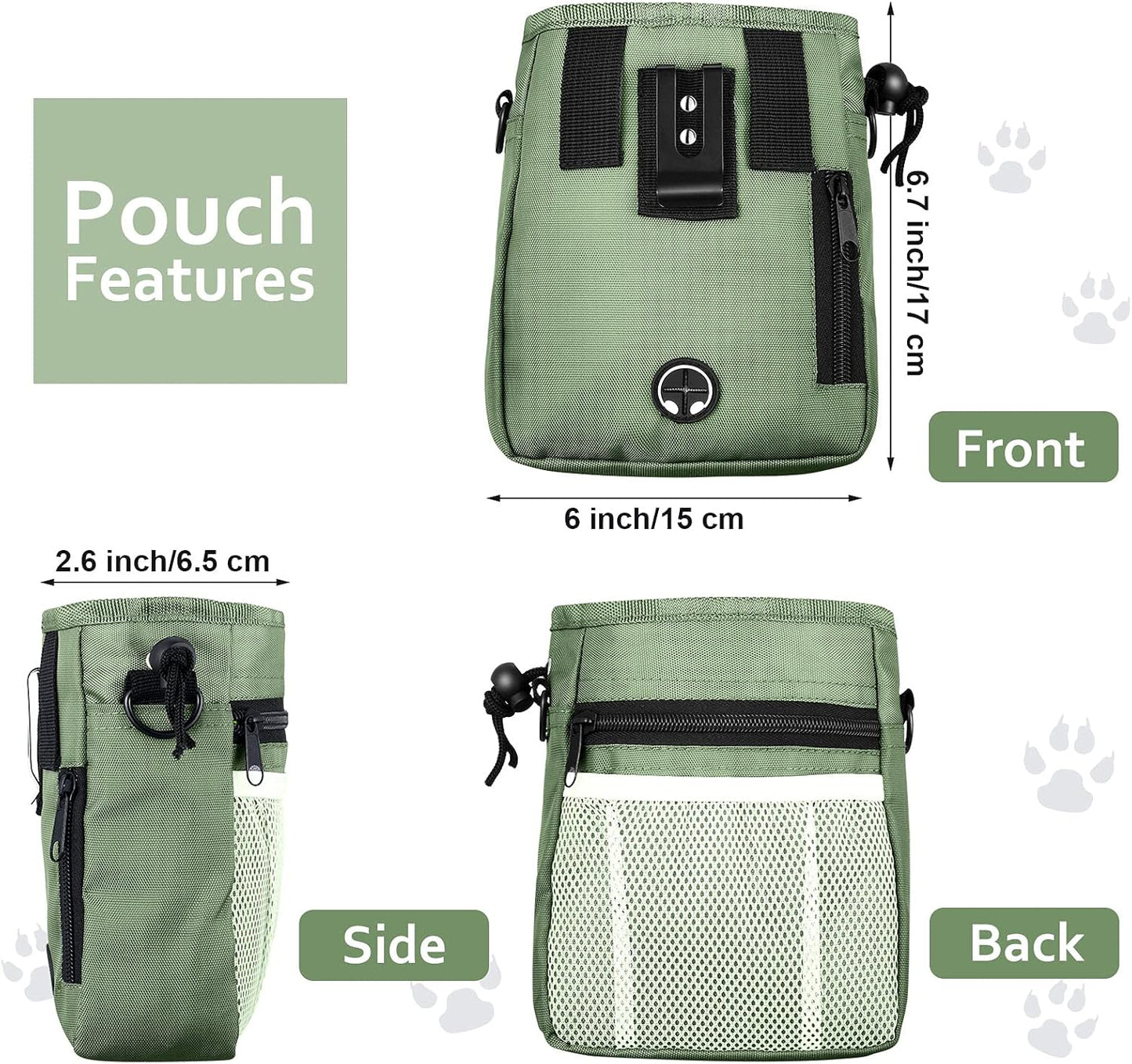 Dog Clicker Training Kit, 1 Dog Treat Training Pouch and 2 Pieces Pet Training Clicker with Wrist Strap, Built in Poop Bag Dispenser Easily Carrying Pet Toys Treats (Army Green,Solid Pattern)