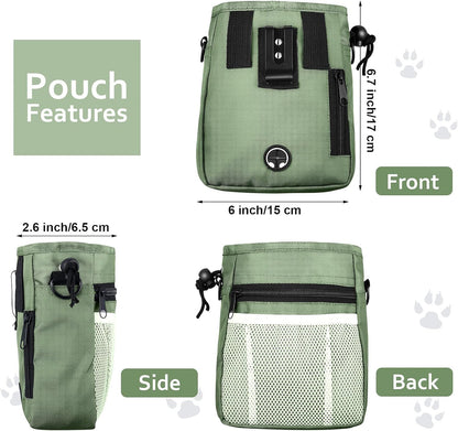 Dog Clicker Training Kit, 1 Dog Treat Training Pouch and 2 Pieces Pet Training Clicker with Wrist Strap, Built in Poop Bag Dispenser Easily Carrying Pet Toys Treats (Army Green,Solid Pattern)