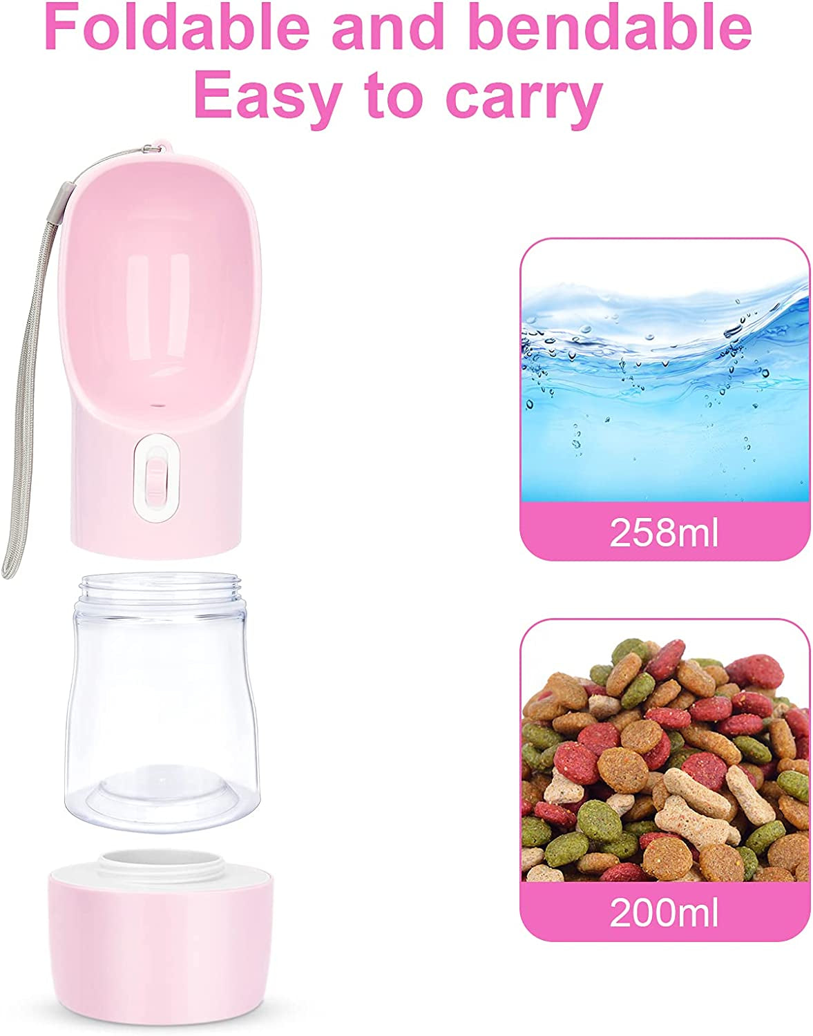 Dog Water Bottle Portable Pet Water Bottle Leak Proof Dog Water Dispenser and Food, Lightweight Dog Travel Water Bottle Bowl for Walking and Trave (Pink)