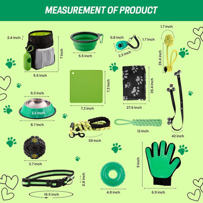 Puppy Starter Kit - Supplies, Accessories, 23 Pc Set with Feeding Bowls, Lick Mat, Teaching Aids, Leash, Collar, Toys, Potty Training Bells & More for New Dogs, Green