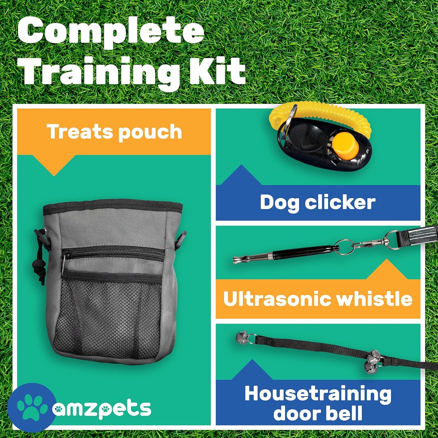 Dog Training Set, Puppy Supplies Starter Kit with Dogs Clicker, Treat Pouch Bag, Housetraining Door Bells, Ultrasonic Whistle, for Teaching Pet Commands, Bark Control, and Potty Training