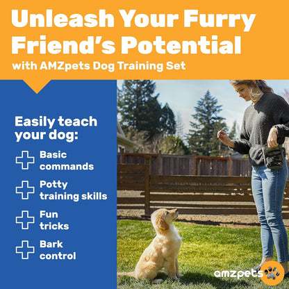 Dog Training Set, Puppy Supplies Starter Kit with Dogs Clicker, Treat Pouch Bag, Housetraining Door Bells, Ultrasonic Whistle, for Teaching Pet Commands, Bark Control, and Potty Training