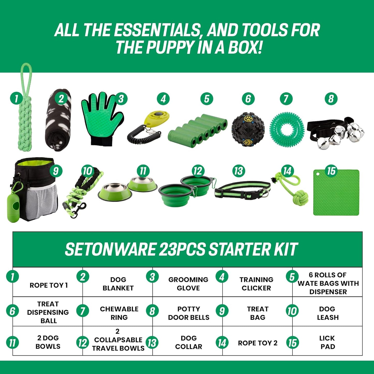 Puppy Starter Kit - Supplies, Accessories, 23 Pc Set with Feeding Bowls, Lick Mat, Teaching Aids, Leash, Collar, Toys, Potty Training Bells & More for New Dogs, Green