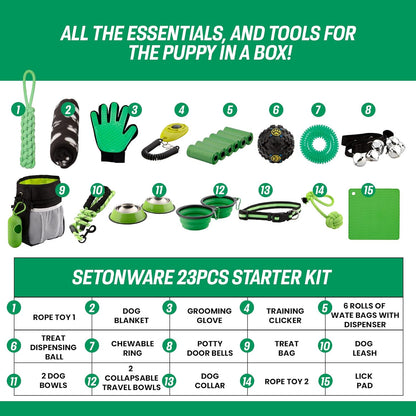 Puppy Starter Kit - Supplies, Accessories, 23 Pc Set with Feeding Bowls, Lick Mat, Teaching Aids, Leash, Collar, Toys, Potty Training Bells & More for New Dogs, Green