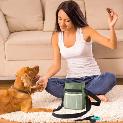 Dog Clicker Training Kit, 1 Dog Treat Training Pouch and 2 Pieces Pet Training Clicker with Wrist Strap, Built in Poop Bag Dispenser Easily Carrying Pet Toys Treats (Army Green,Solid Pattern)