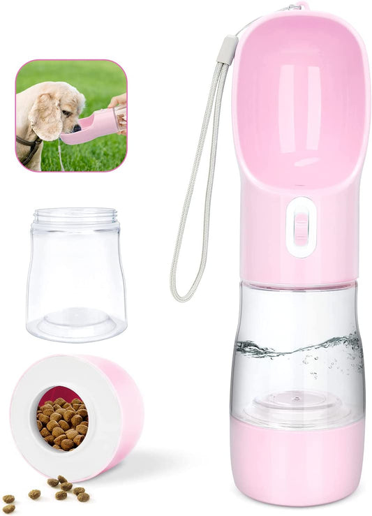 Dog Water Bottle Portable Pet Water Bottle Leak Proof Dog Water Dispenser and Food, Lightweight Dog Travel Water Bottle Bowl for Walking and Trave (Pink)