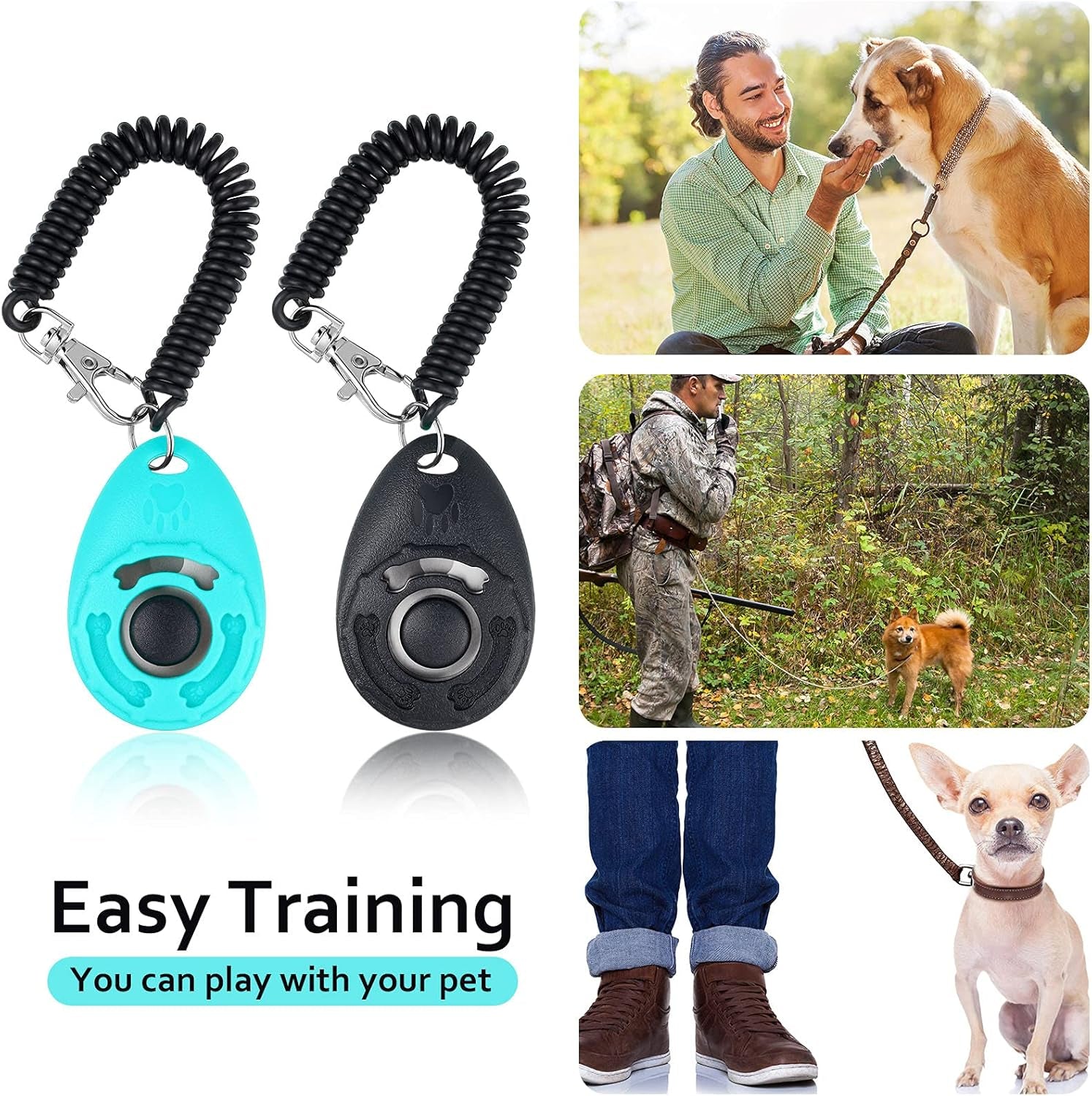 Dog Clicker Training Kit, 1 Dog Treat Training Pouch and 2 Pieces Pet Training Clicker with Wrist Strap, Built in Poop Bag Dispenser Easily Carrying Pet Toys Treats (Army Green,Solid Pattern)