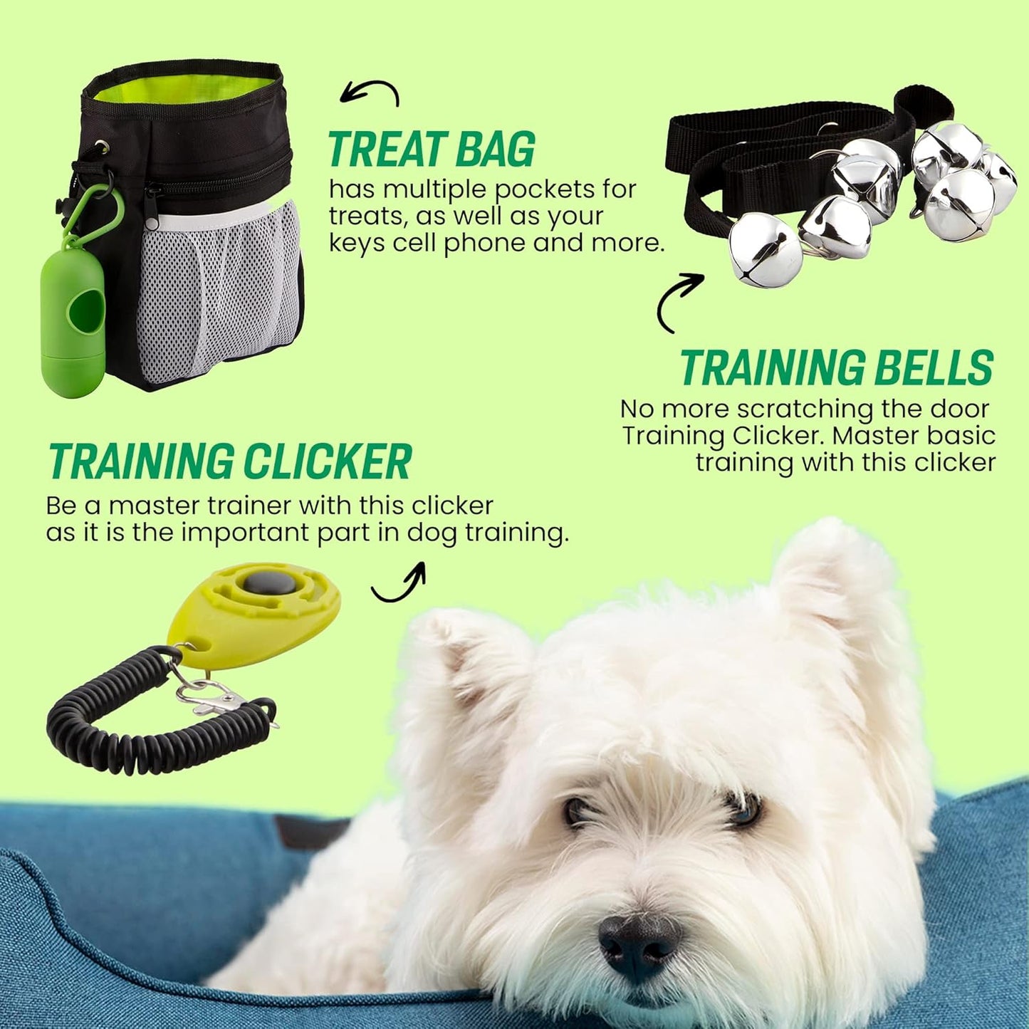 Puppy Starter Kit - Supplies, Accessories, 23 Pc Set with Feeding Bowls, Lick Mat, Teaching Aids, Leash, Collar, Toys, Potty Training Bells & More for New Dogs, Green