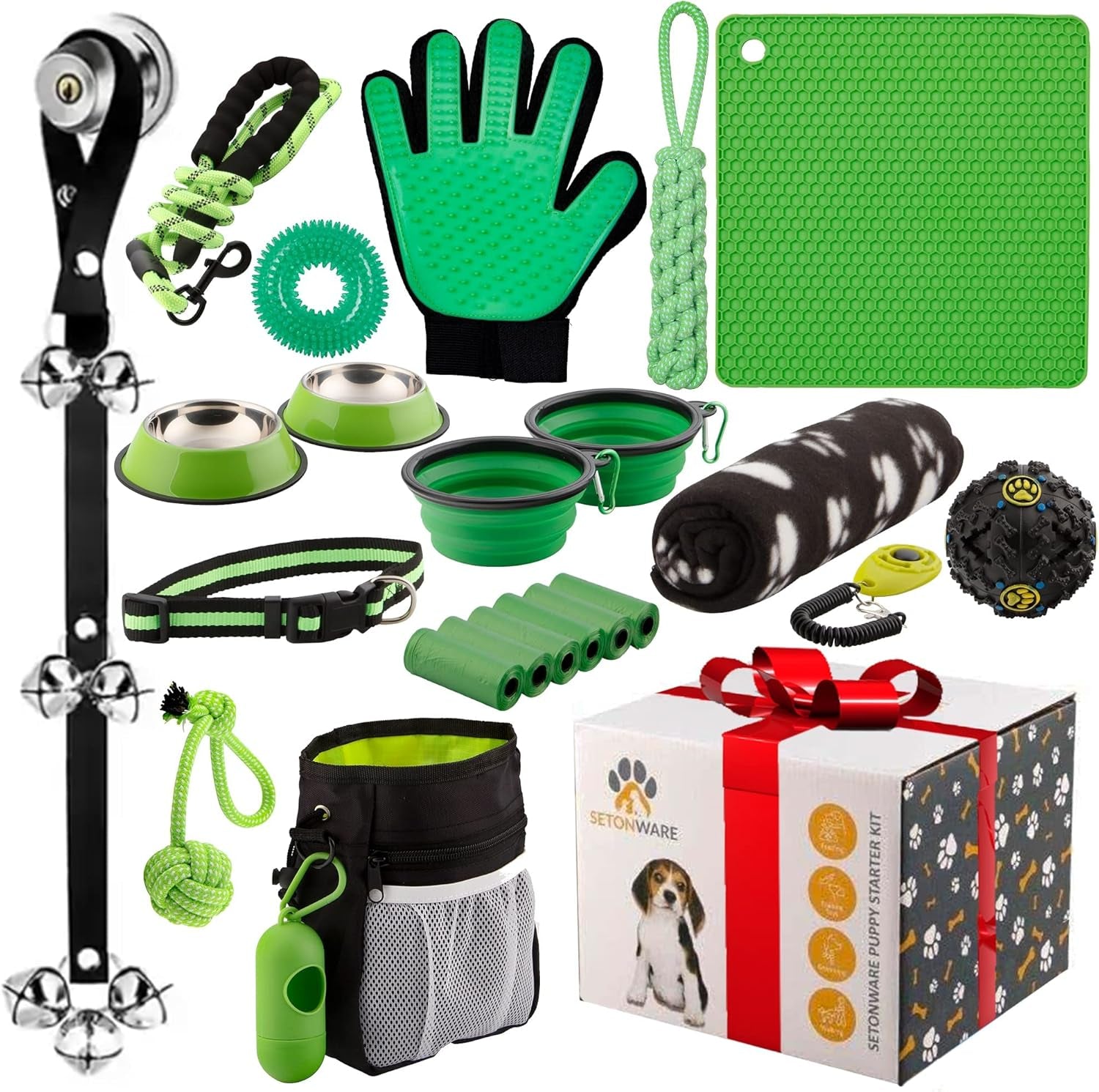 Puppy Starter Kit - Supplies, Accessories, 23 Pc Set with Feeding Bowls, Lick Mat, Teaching Aids, Leash, Collar, Toys, Potty Training Bells & More for New Dogs, Green