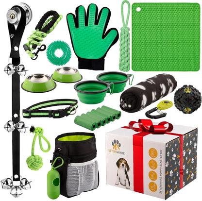 Puppy Starter Kit - Supplies, Accessories, 23 Pc Set with Feeding Bowls, Lick Mat, Teaching Aids, Leash, Collar, Toys, Potty Training Bells & More for New Dogs, Green