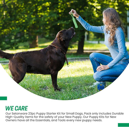 Puppy Starter Kit - Supplies, Accessories, 23 Pc Set with Feeding Bowls, Lick Mat, Teaching Aids, Leash, Collar, Toys, Potty Training Bells & More for New Dogs, Green