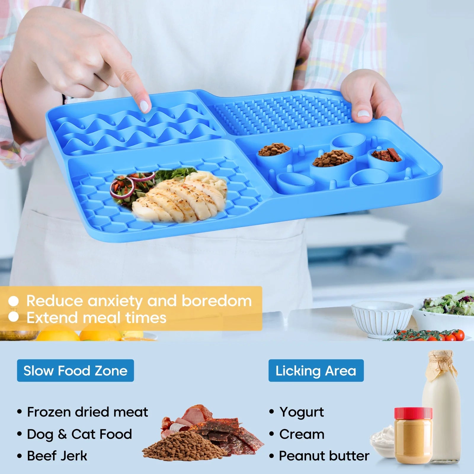 Slow Feeder Mat for Dogs and Cats，Large Lick Mat Slow Feeder for Anxiety Relief Dog Toys Feeding Mat for Butter Yogurt Peanut, Pets Supplies Bathing Grooming Training, Blue