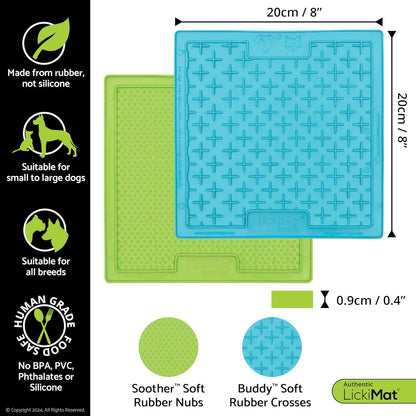 8"X8" Pack of 2 Classic Soother & Buddy Dog Slow Feeders Lick Mat Boredom Anxiety Reduction Perfect for Food Treats Yogurt Peanut Butter Fun Alternative to Slow Feed Dog - (Green & Turquoise)