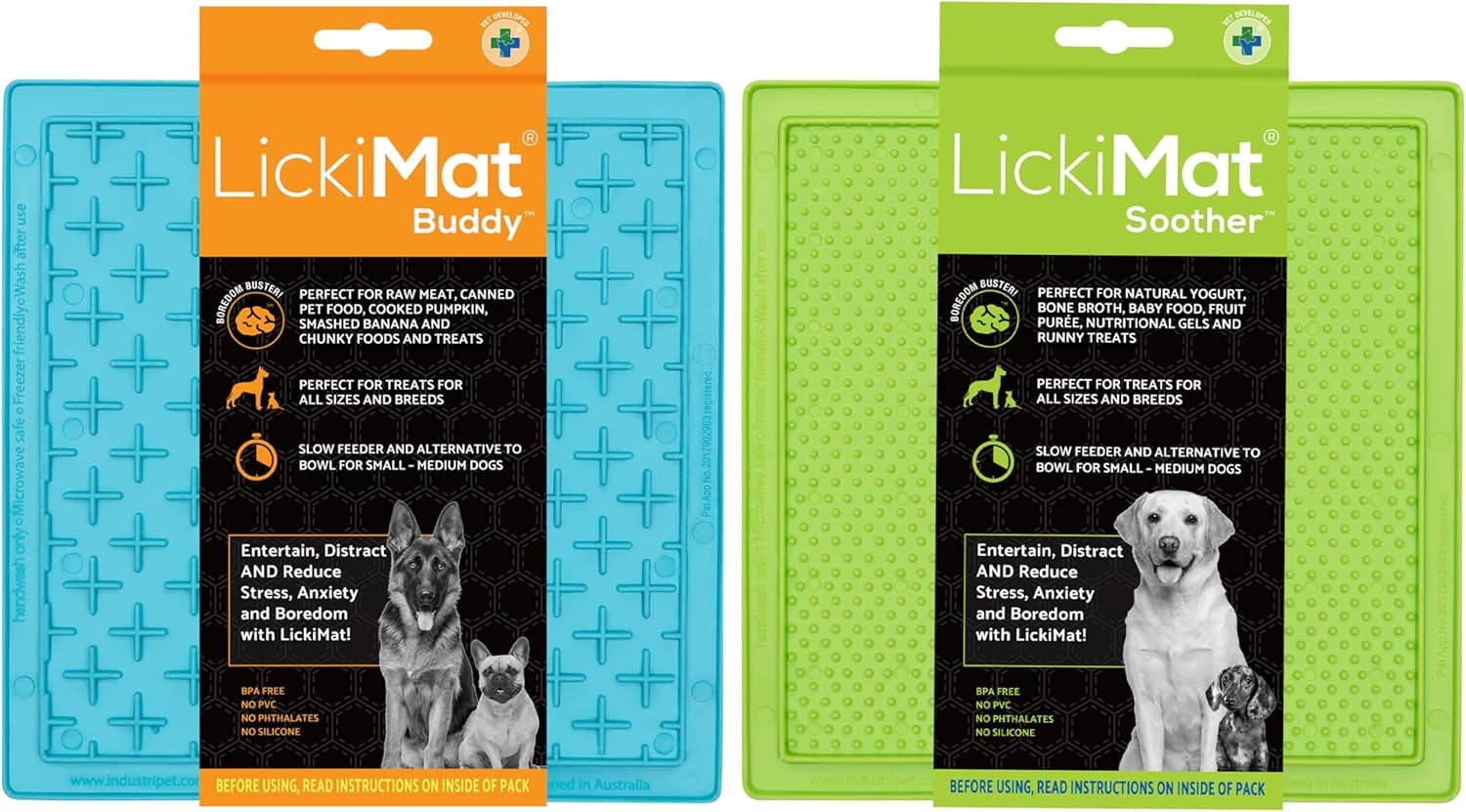 8"X8" Pack of 2 Classic Soother & Buddy Dog Slow Feeders Lick Mat Boredom Anxiety Reduction Perfect for Food Treats Yogurt Peanut Butter Fun Alternative to Slow Feed Dog - (Green & Turquoise)