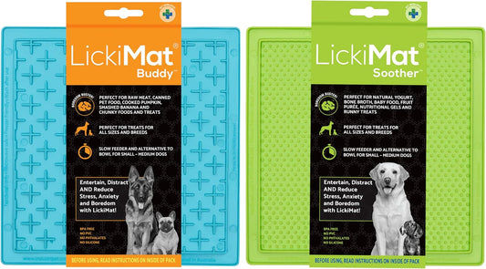 8"X8" Pack of 2 Classic Soother & Buddy Dog Slow Feeders Lick Mat Boredom Anxiety Reduction Perfect for Food Treats Yogurt Peanut Butter Fun Alternative to Slow Feed Dog - (Green & Turquoise)